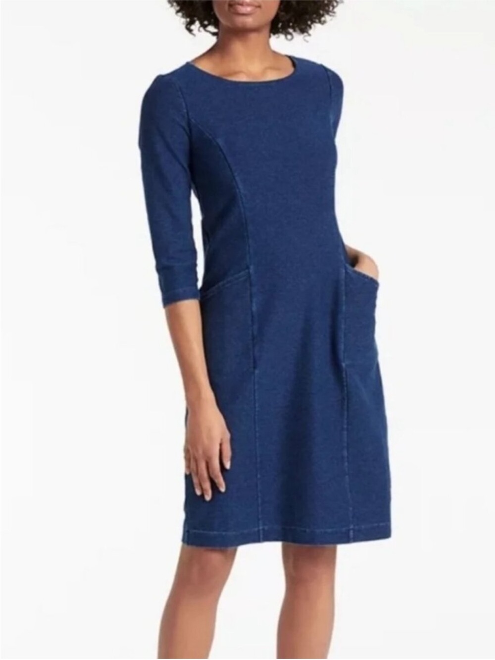 boden trinity jersey dress 3/4 sleeves pockets boat neck US 6 UK 10 dark denim